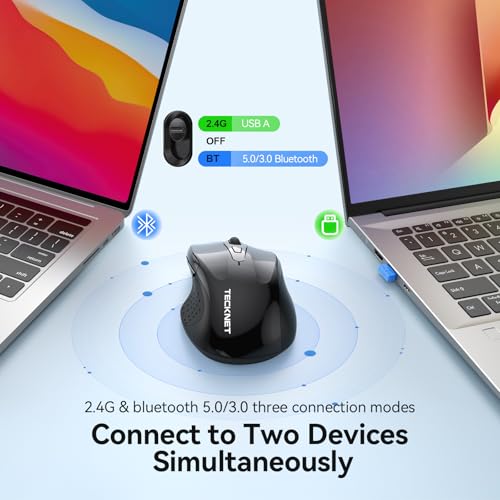 TECKNET Rechargeable Jiggler Wireless Mouse (BT5.0/3.0 & 2.4G) 4800 DPI Silent USB A & Bluetooth Mouse 6 Buttons, Wide Compatibility - Black - color: Black