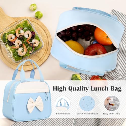 Bevalsa Rolling Backpack for Girls, Roller Backpack with Wheels, Cute Bow Wheeled School Bookbag Set with Lunch Bag & Pen Case, Suitcases for Kids Teens Elementary Middle Student (Blue Beige) - color: Blue Beige