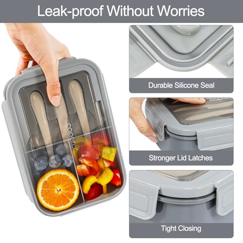 Caperci Classic Bento Box Adult Lunch Box for Older Kids - Leakpoof 47 oz 3-Compartment Lunch Containers for Adults and Teens, Built-in Utensil Set, Ideal for On-the-Go Balanced Eating, Gray - color: Gray