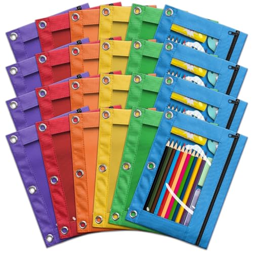 Pencil Pouch for 3 Ring Binder, Bulk 24 Pack 3-Holes Zipper Pencil Pouches in Assorted Colors, Sturdy and Durable Cloth Pencil Holder with Clear Window for Office School College Supplies