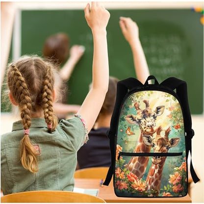 BIGCARJOB Animal Giraffe Backpack for School Kids Boys Large School Bags Set with Insulated Lunch Box Pencil Case Set of 3 Pcs Teens Girls Daypack Animal Print School Backpack Set - color: Animal Yellow Giraffe, size: One Size