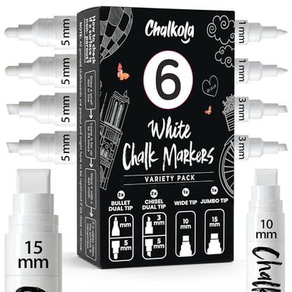 Chalkola 6 White Chalk Markers - Bullet & Chisel Dual Tip (1mm, 3mm, 5mm, 10mm, 15mm) | Erasable Liquid Chalk Pens for Blackboard, Car Window, Bistro, Glass | Washable Chalkboard Markers - style: 6 White - Dual + 10/15mm
