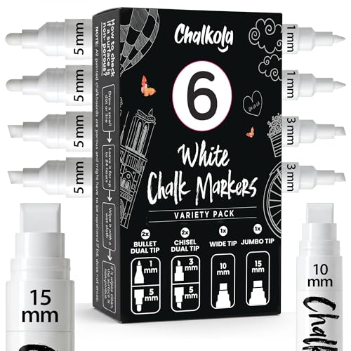 Chalkola 6 White Chalk Markers - Bullet & Chisel Dual Tip (1mm, 3mm, 5mm, 10mm, 15mm) | Erasable Liquid Chalk Pens for Blackboard, Car Window, Bistro, Glass | Washable Chalkboard Markers - style: 6 White - Dual + 10/15mm