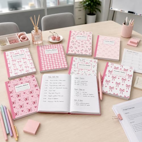 8 Pack Pink Bow Composition Notebooks Bulk Pink Notebook College Ruled Journal 100 Pages Cute Aesthetic Bow Composition Books Back to School Gift for Student Teacher Office Supplies 9.7x7.5 Inch - color: Pink Bow