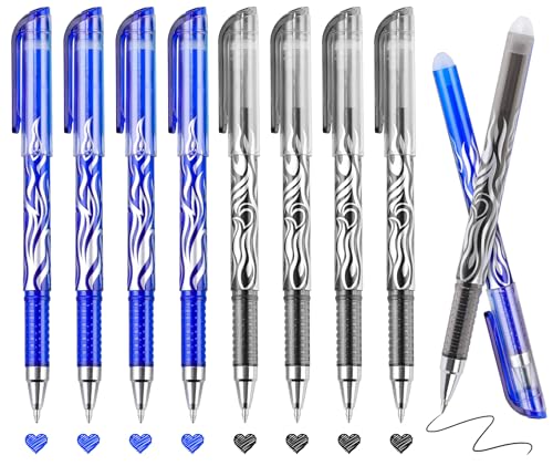 8 Pack 4 Black 4 Blue Ink Erasable Gel Pens, 0.5mm Fine Point, Flame Patterned Barrel, Comfortable Grip, with Eraser, Ideal for Journaling, School Work, Office Tasks, Note Taking, DIY Projects - color: 4 Black 4 Blue