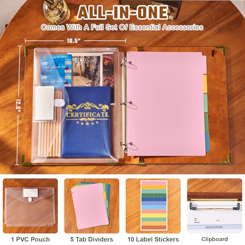 Ovesmusl 1 Inch 3 Ring Binder with Clipboard Leather Round Ring Binder with 5 Dividers, Plastic Folder, 400 Divider Stikers, Fits 175 Sheets 8.5"x11" Letter Size Paper, Tree of Life Brown - color: Brown Tree