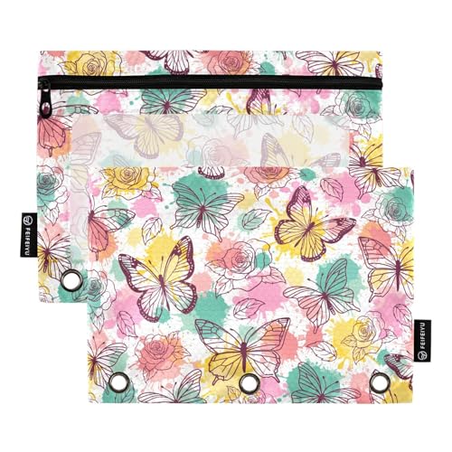 Butterfly Pencil Pouches for 3 Ring Binder2 Pack | Ring Binder Pencil Case With Zipper Reinforced GrommetsPencil Bags for Office Organizers - color: Butterfly