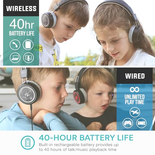 MEE audio KidJamz Share Bluetooth Headphones for Kids with LED Lights, 85dB Volume Limiter, Microphone, 40h Battery; Childrens Headset for School/iPhone/iPad/Tablet (Model: KJ55BT-S, 1-Pack) - color: Black, style: Share