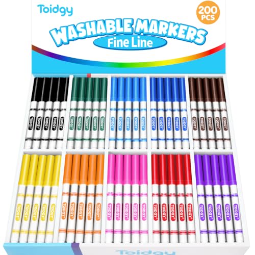Toidgy 200 PCS Washable Markers for Kids, Colored Markers Bulk for School, Thin Marker Set in 10 Assorting Colors, Fine Line Marker with Conical Tip, Back to School Supplies, Classroom Must Haves