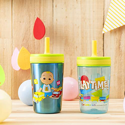 Zak Designs CoComelon Kelso Tumbler Set, Leak-Proof Screw-On Lid with Straw, Bundle for Kids Includes Plastic and Stainless Steel Cups with Bonus Sipper (3pc Set, Non-BPA) - color: CoComelon, size: 3 Piece Set (Pack of 1)