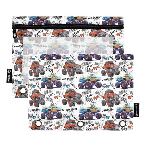 Monster Truck Pencil Pouch for 3 Ring Binder, Binder Pencil Pouches with Clear Window Zipper Pencil Case for Office College Supplies, 2PCS (B0316) - color: B0316