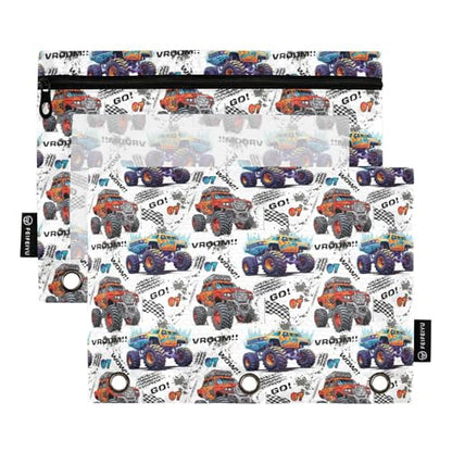 Monster Truck Pencil Pouch for 3 Ring Binder, Binder Pencil Pouches with Clear Window Zipper Pencil Case for Office College Supplies, 2PCS (B0316) - color: B0316
