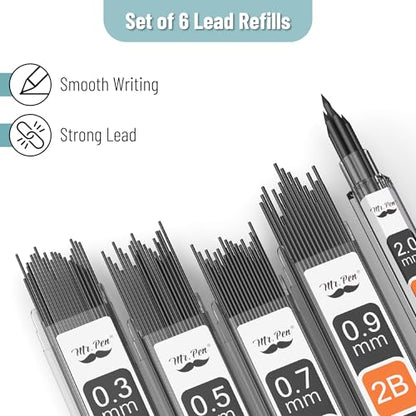 Mr. Pen- Metal Mechanical Pencil Set with Lead Refills & Erasers, 6 Pack | 5 Sizes, 0.3, 0.5, 0.7, 0.9 & 2mm, 8x Tubes Lead Refills & 2x Erasers for School Supplies, Note Taking, Fathers Day Gift