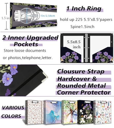 Mini Binder 3 Ring 1 Inch for 5.5"x8.5" Paper, Cute Small Three Ring Binders with Clipboard, 5-Tab Dividers, Spine ID Label Holder, BVSSX A5 Binder with Pen Holder, Black Weeds - color: Black Weeds, size: 1in（5.5"X8.5"）