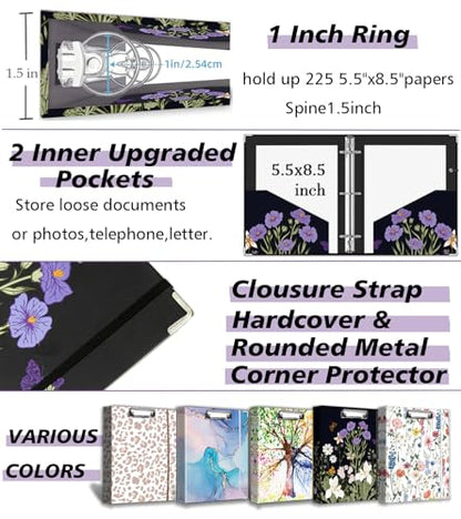 Mini Binder 3 Ring 1 Inch for 5.5"x8.5" Paper, Cute Small Three Ring Binders with Clipboard, 5-Tab Dividers, Spine ID Label Holder, BVSSX A5 Binder with Pen Holder, Black Weeds - color: Black Weeds, size: 1in（5.5"X8.5"）