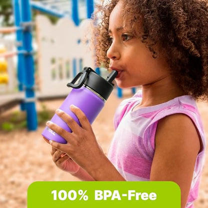 Kids Water Bottle-16 oz Stainless Steel Double Wall Vacuum Insulated Wide Mouth Water Bottle with Straw-Metal Travel Water Flask for School Boy and Girl (Sky Blue) - color: Sky Blue, size: 16 Ounces