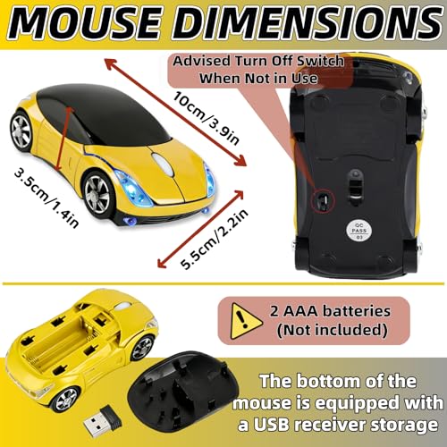 Yellow Wireless Mouse，Mini Car Computer Mouse，1600DPI 2.4G with USB Receiver, Ergonomic Cute Computer Mice for Laptop, PC, Windows, Mac OS (Yellow) - color: Yellow