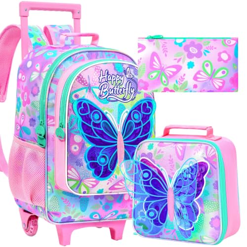 CCJPX 3Pcs Butterfly Rolling Backpack for Girls, 18" Kids Wheeled Bookbag with Lunch Box, Lightweight Roller School Bag for Elementary Preschool (Pink) - color: Pink Butterfly(with Sequins)