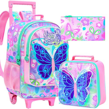 CCJPX 3Pcs Butterfly Rolling Backpack for Girls, 18" Kids Wheeled Bookbag with Lunch Box, Lightweight Roller School Bag for Elementary Preschool (Pink) - color: Pink Butterfly(with Sequins)