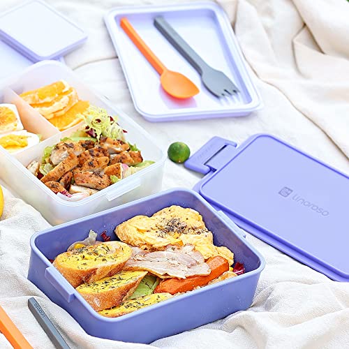 linoroso Stackable 2-Tier Adult Bento Box, 4 Compartments - Veri Peri | leakproof bento lunch box with fork & spoon + sauce cups, microwave/dishwasher safe, perfect for office, school & daily meals - color: Veri Peri