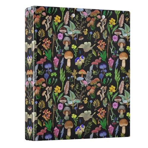 3 Ring Binder with Clipboard, D Rings Holds 200 Sheets, Heavy Duty Binders Folder for School Office, Waterproof PVC Cover with 3 Interior Clear Pockets, Mushrooms Black