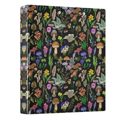 3 Ring Binder with Clipboard, D Rings Holds 200 Sheets, Heavy Duty Binders Folder for School Office, Waterproof PVC Cover with 3 Interior Clear Pockets, Mushrooms Black