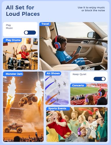 iClever Noise Cancelling Headphones for Kids Adults, Bluetooth Ear Protection with 60H Play Time, Safe Volume 80dBA, Noise Reduction Headphones for Autism Fireworks/Monster Truck, FOCUS - color: Red & Blue
