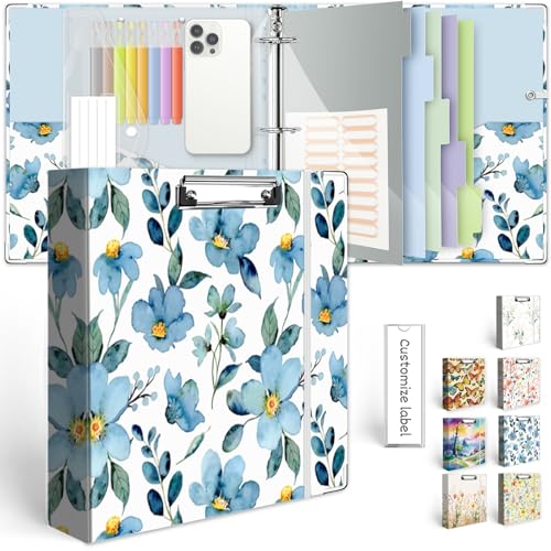 2 Inch 3 Ring Binder Organizer, Three Ring Binders with Clipboard, 5-Tabs Pockets Dividers, Plastic Folder, 18 Divider Stikers, KLLVE Decorative Binder with Pen Loop (Blue Flora, Letter Size) - color: Blue Flora, size: 2in（Letter Size）