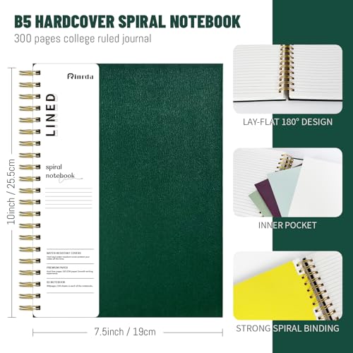 Hardcover Spiral Notebook with removable dividers 300 page,5 Subject Notebook 8"x10" B5 College Ruled Notebooks for School Note taking，Lined Journal for Women (Green) - color: GREEN