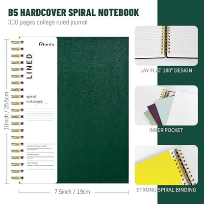 Hardcover Spiral Notebook with removable dividers 300 page,5 Subject Notebook 8"x10" B5 College Ruled Notebooks for School Note taking，Lined Journal for Women (Green) - color: GREEN