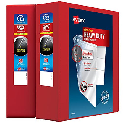 Avery Heavy-Duty Clear View 3 Ring Binders, 3 Inch EZD Rings, 2-Pack of Red Binders (39701) - color: Red, size: 3"