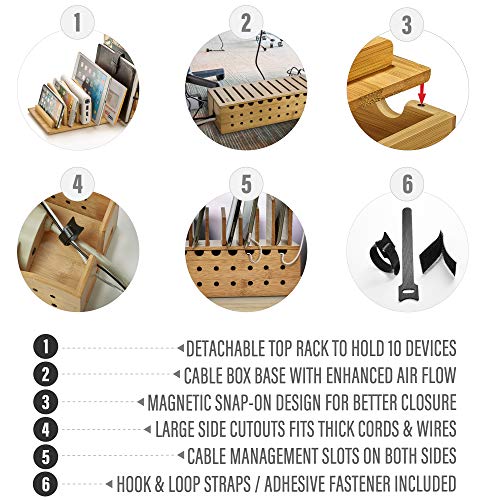 Prosumer's Choice Multi Device Charging Station - Bamboo Charging Dock and Cord Organizer for 10 Devices - Bamboo Desk Organizer Rack with Cable Box for Power Strip Storage, Phones and Tablets
