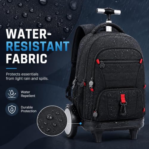 CCJPX 3Pcs Men & Boys Rolling Backpack with Bigger Wheels, Extra-Large Wheeled Bookbag with Lunch Box, Water Resistant Extra-Large Roller Luggage for Travel, Work, College (Black) - color: Black(upgrade Large Wheel)