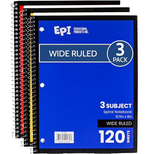 EPI Spiral Notebook | 3 Subject - Wide Ruled - 120 Sheets, Durable Spiral Binding | 10.5 x 8 in | Classroom Supplies | School, Office, Note Taking, Journaling - 3 Pack - size: Pack of 3, style: 3 Subject - Wide Ruled