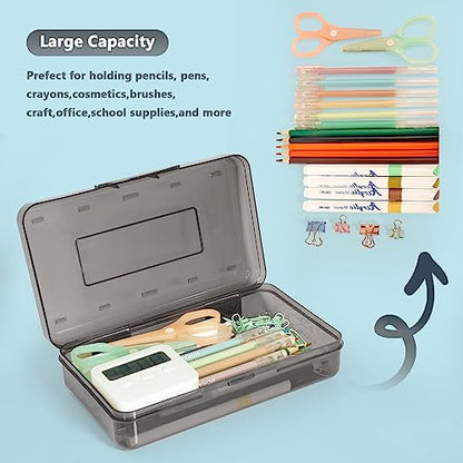 Pencil Box, Large Capacity Pencil Case, Plastic Pencil Boxs for Kids Girls Boys Adults, Hard Crayon Box Storage with Snap-Tight Lid for School Office Supplies - color: Grey