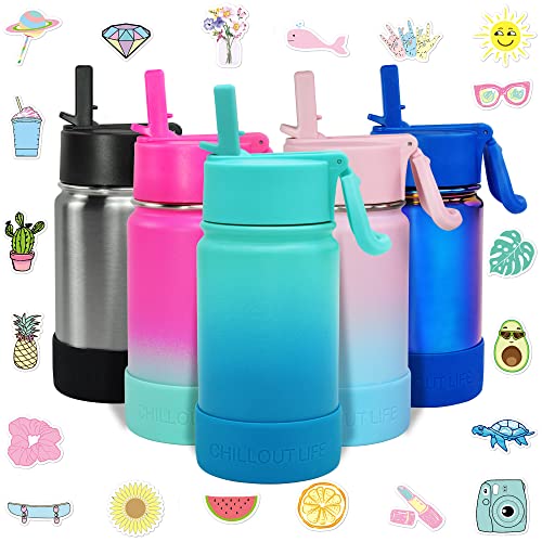 CHILLOUT LIFE 12oz Kids Insulated Stainless Steel Water Bottle with Leak Proof Straw Lid & 144 Stickers - color: Ocean Blue, style: 12 oz