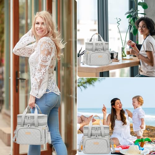 AIJIEKE Lunch Bag for Women, Insulated Double Deck Work Lunch Box, Gray | Durable, leakproof thermal cooler tote. Double compartment, expandable pockets, strap. For travel meal prep, beach, picnic - color: Gray