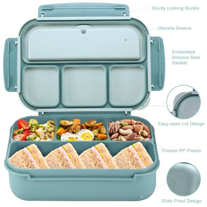 shell and turtle Bento Box Adult Lunch Box, Lunch Containers for Kids Girls Boys with 4 Compartments, Lunchable Food Container with Utensils, Sauce Jar, Muffin Liners, 40 Oz/5 Cup, Light Teal - color: Light Teal