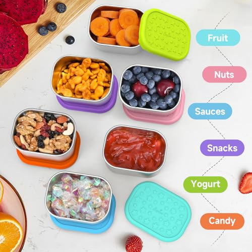 SOPHICO Stainless Steel Snack Containers for Kids, 8 oz Small Food Storage Container 1 Cup with Silicone Lid - Perfect 304 Metal Toddler Lunch Box for Daycare and School, Leak Proof (8oz, 6 Pack) - color: MIX, 6 Pack