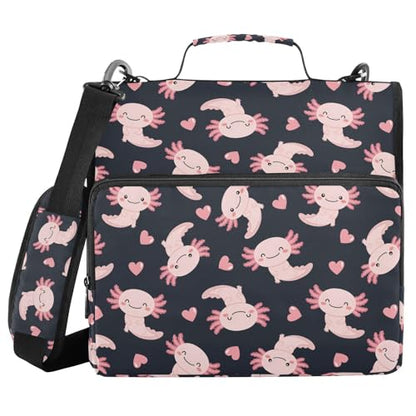 Zipper Binder Bag 3 Ring File Folder Portfolio Organizer Zippered Binder Bags with Strap Fits Laptop Women Men - color: 34-cute Axolotl Heart Black