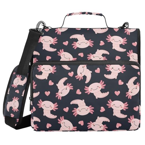 Zipper Binder Bag 3 Ring File Folder Portfolio Organizer Zippered Binder Bags with Strap Fits Laptop Women Men - color: 34-cute Axolotl Heart Black