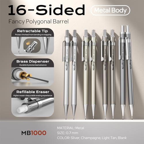 Nicpro 8 Pack Mechanical Pencil 0.7mm, MB1000 Metal Mechanical Pencil Set | 6 Tube HB #2 Lead Refill 0.7 mm, 3PCS 4B Eraser, 9 Cap Eraser with Case for Artist Drafting Writing, Sketching, Drawing - style: 8 Pack （0.7mm）