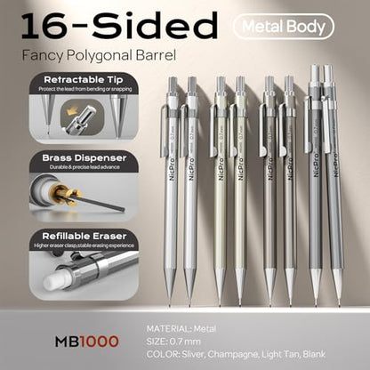 Nicpro 8 Pack Mechanical Pencil 0.7mm, MB1000 Metal Mechanical Pencil Set | 6 Tube HB #2 Lead Refill 0.7 mm, 3PCS 4B Eraser, 9 Cap Eraser with Case for Artist Drafting Writing, Sketching, Drawing - style: 8 Pack （0.7mm）