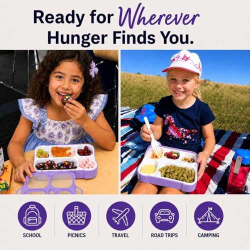 kinsho Bento Box for Kids Women - 6 Compartment, Leak-Proof Lunchbox for School, Portion Control & Meal Prep Containers, Reusable, BPA-Free Snack Container - Includes Utensil Set & E-Book, Purple - color: Lilac
