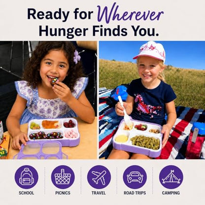kinsho Bento Box for Kids Women - 6 Compartment, Leak-Proof Lunchbox for School, Portion Control & Meal Prep Containers, Reusable, BPA-Free Snack Container - Includes Utensil Set & E-Book, Purple - color: Lilac