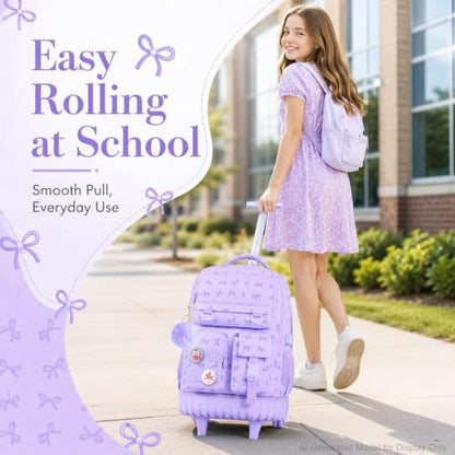 CCJPX Rolling Backpack for Girls, 3Pcs Roller Wheeled School Bookbag, Bow Wheels Backpacks with Lunch Box for Kids (Purple) - color: Bow Purple