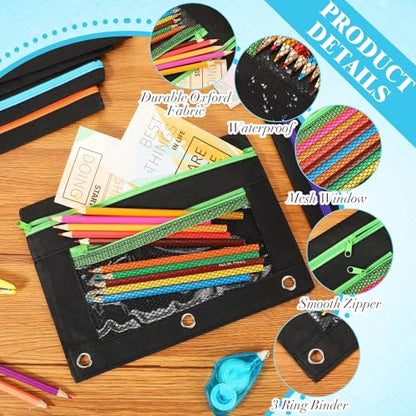 Zhehao 200 Pcs Pencil Pouches for 3 Ring Binder, Bulk Zipper Pencil Pouch Pen Case with Mesh Window Cloth Double Pocket 3 Hole Bag for Storing School Office Supplies (Black) - color: Black
