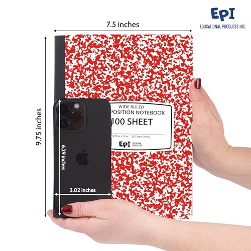 24 Pack - EPI Wide Ruled Marble Composition Notebook - Red 200 Page Note Book - 9.75 x 7.5 Inch Hardcover Journal with Sewn Binding for Secure Pages - Classroom Back to School Supplies - color: Red, size: 24