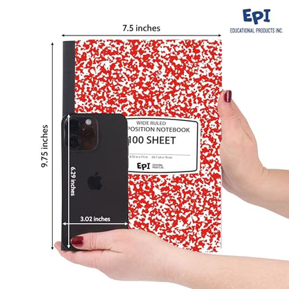 24 Pack - EPI Wide Ruled Marble Composition Notebook - Red 200 Page Note Book - 9.75 x 7.5 Inch Hardcover Journal with Sewn Binding for Secure Pages - Classroom Back to School Supplies - color: Red, size: 24