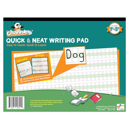 Channie's Quick & Neat Writing Pad, Practical Kids Handwriting Practice Workbook, 40 Color-Coded Double-Sided Worksheets for Easy Learning, Improves Penmanship & Writing Skills - size: 8.5 x 11 inches (1 Pack)